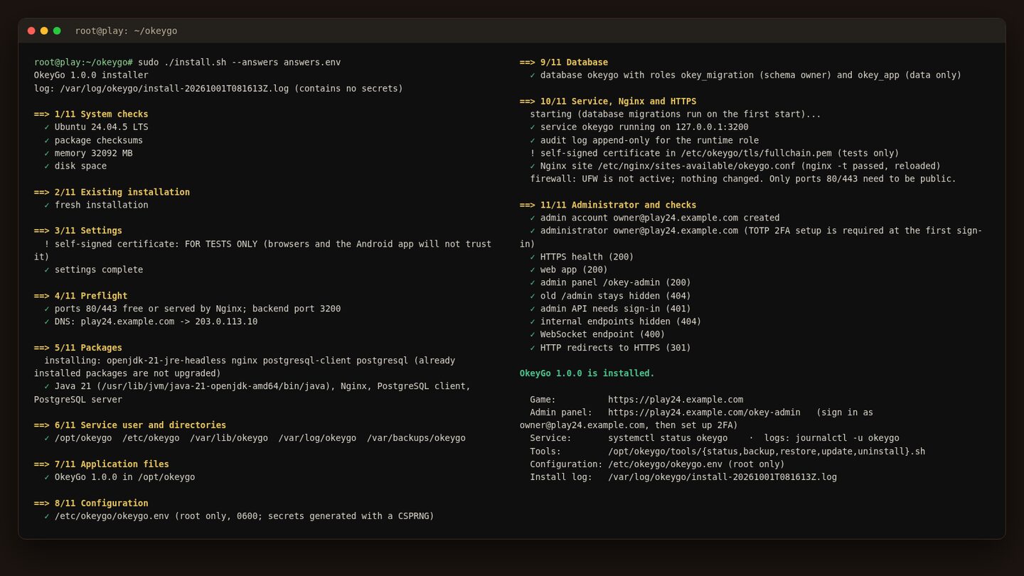 The OkeyGo installer finishing all steps on Ubuntu